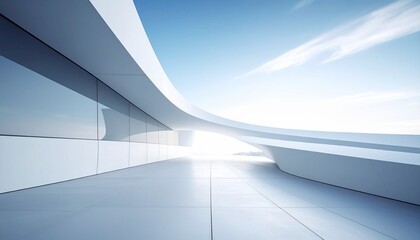 Obraz premium A futuristic white architectural interior with curved and angular surfaces, dramatic light and shadow, and a glossy floor—evoking surreal space, conceptual elegance, and the poetics of form.