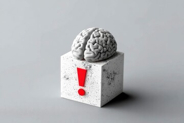 A striking visual features a stylized grey human brain model meticulously placed atop a textured white cube. The cube's surface is adorned with a prominent, vivid red exclamation mark, instantly drawi