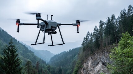 Sleek weathermodifying drone hovering over lush valley with dramatic cloudscape futuristic technology
