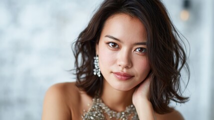 A stunning close-up portrait captures the essence of elegance and beauty, emphasizing facial features and a gentle expression that conveys confidence and grace in modern aesthetics.