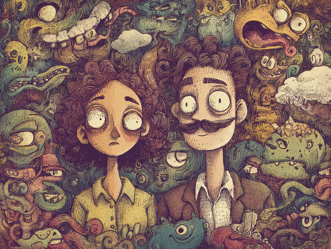 A nostalgic, snarky illustration in a faded yet vibrant color palette, featuring cartoonish exaggeration and whimsical motifs Central figures are two humans - one with long hair, the o - AI-Generated