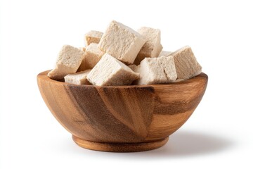 A rustic wooden bowl holds a generous pile of light-colored, square-shaped snack pieces, possibly freeze-dried fruit or vegetable cubes, isolated on a clean white background. Each piece exhibits a sli