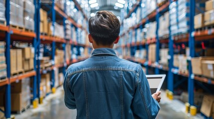Modern inventory warehouse with worker using tablet for digital stock control in spacious aisle