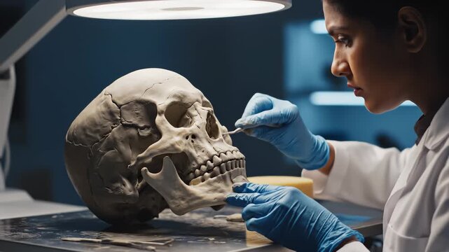 Anthropologist Reconstructing Human Skull With Tools in Forensic Lab
