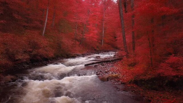 river with a fast current in the red forest footage