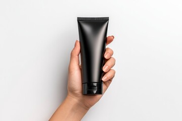 A female hand with manicured nails gracefully holds a blank, matte black squeeze tube against a pristine white background. This clean, minimalist studio shot creates a versatile mockup template for sh