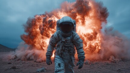 Obraz premium An astronaut steps confidently through a dramatic explosion, creating a powerful image of adventure and defiance in an otherworldly setting filled with dynamic energy and intensity.