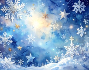 Winter Wonderland - Snowflakes and Stars in a Dreamy Blue Sky.