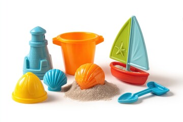 A vibrant collection of colorful plastic beach toys is playfully arranged against a clean white background, creating a cheerful and inviting scene. The assortment includes a bright orange bucket, a bl