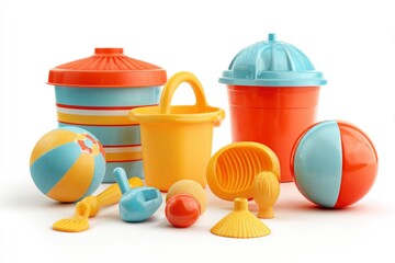A vibrant and cheerful assortment of children's plastic beach and sand toys is playfully arranged against a crisp white background, creating a clean and appealing visual. This colorful collection feat