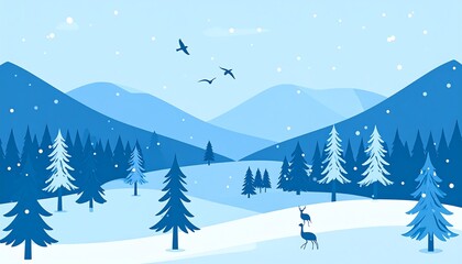 Winter Wonderland - Snowy Landscape with Deer and Birds.