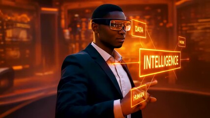 Businessman in suit interacting with glowing holographic INTELLIGENCE panel in modern office setting - Powered by Adobe
