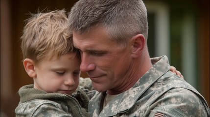American soldier father holding his child, sharing an emotional and loving homecoming moment