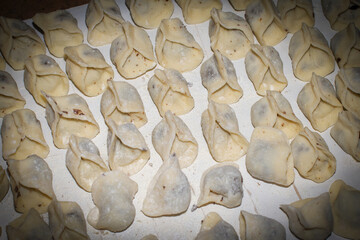 Rows of delicate dumplings filled with earthy mushrooms sit ready for cooking