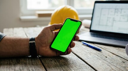 Construction Professional's Desk: Mobile Device, Plans & Green Screen