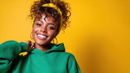 A cheerful young woman smiles radiantly against a bright yellow background, embodying positivity and warmth, elevating the mood with her joyful expression.