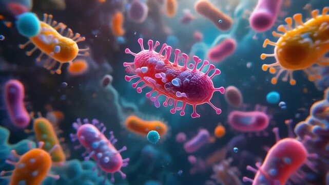 Colorful amoebas float gracefully in abstract microfluids footage