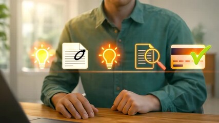 Person at desk viewing floating holographic icons of light bulb document and approved credit card - Powered by Adobe