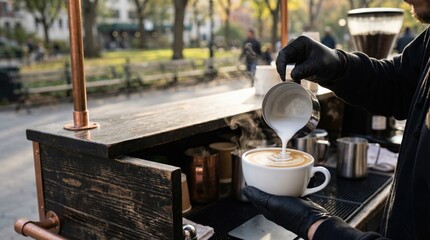 Barista Crafting Latte Art at Outdoor Mobile Coffee Cart
