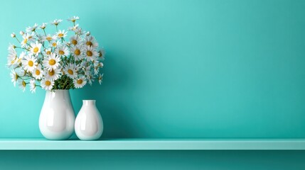 A visually appealing still life featuring daisies in white vases against a vibrant teal backdrop, conveying beauty, harmony, and the simple joys of nature and design.