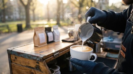 Professional Barista Crafting Latte Art at an Outdoor Coffee Stand