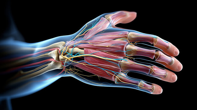 3D realistic view of human hand forearm muscles, bones veins arteries visible, detailed medical anatomy illustration, human body structure explanation, healthcare education science