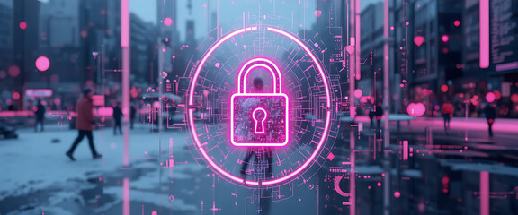 Futuristic digital protection background, crimson neon lock, glowing particles, abstract binary grid