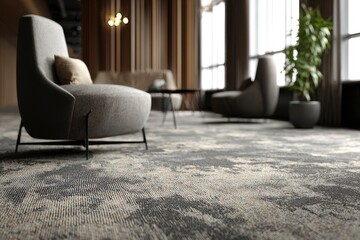A sophisticated and inviting interior space is captured with a shallow depth of field, highlighting a richly textured, modern carpet in the foreground. The blurred background reveals plush, contempora