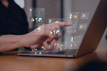 Business analytics dashboard on computer laptop with growth charts, financial performance metrics, data visualization and digital strategy concept