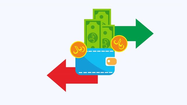 Riyal wallet displays financial growth with overflowing coins and money, along with flow direction arrow. Perfect for finance concepts.