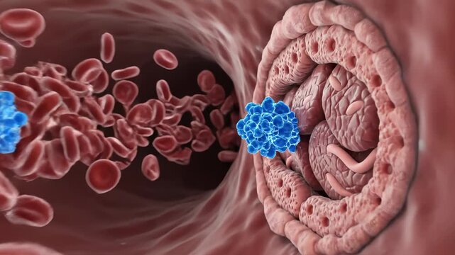 Blood Cells and Lymphocytes Flowing Through Blood Vessel