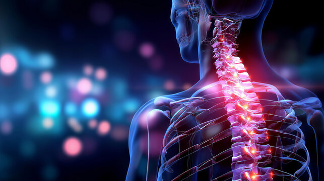Human spine illustration with highlighted vertebrae ribs, shows body anatomy with muscles bones nerves discs, focus on skeletal structure back pain, medical examination for health 