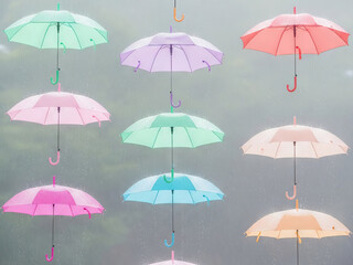 Obraz premium A colorful open umbrella provides weather protection in the rainy autumn season with a blue vector design pattern against a wet sky