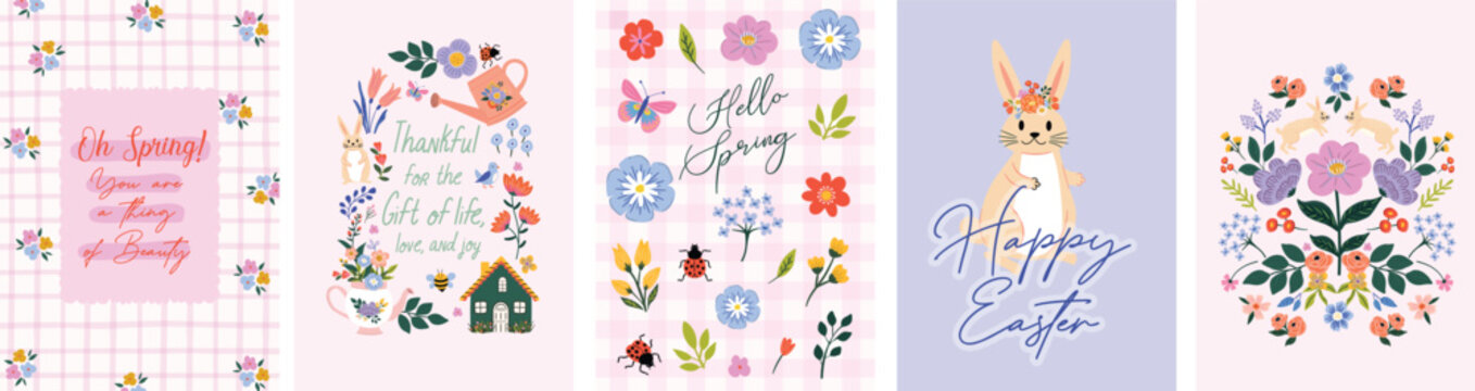 Spring and Easter poster set of cute bunnies, flowers, butterflies, gingham backgrounds, and positive quotes. Ideal for kids rooms, nursery decor, greeting cards, posters, invitations, planners