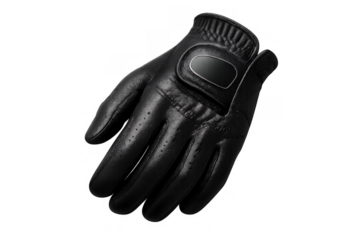 Black leather sports glove for golf or riding, providing grip and hand protection, professional uniform accessory