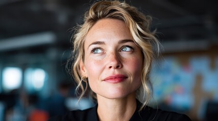 Fototapeta premium A thoughtful woman with a light smirk reflects on ideas in a contemporary workspace, embodying elegance, intelligence, and the modern work environment through her gaze.