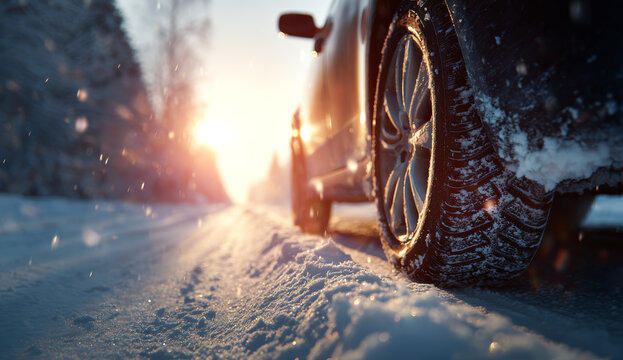 A car tire with detailed tread pattern on a snowy road illuminated by sunlight during winter