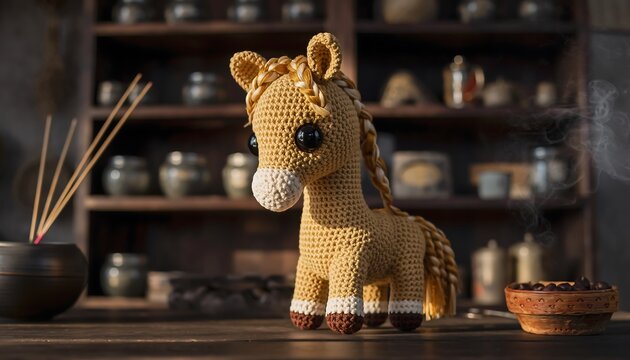 A crocheted horse figurine stands on a wooden table amidst craft supplies in a cozy craft room.