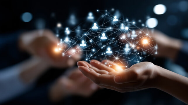 Hands holding glowing network of people icons faceless, digital connection graph symbolizes teamwork community social media interaction, global network expanding communication, def - Powered by Adobe