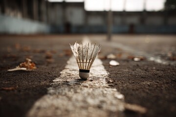 A poignant close-up captures a single, aged, and well-worn shuttlecock resting directly on a faded white court line on a rough, textured ground. The tattered feathers and scuffed base of the shuttleco