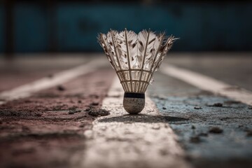 A captivating low-angle, close-up shot of a well-used feathered shuttlecock resting on a textured, weathered court surface. The faded painted lines, hinting at red, white, and blue sections, define th