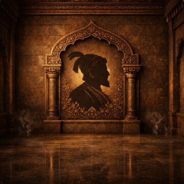 Chhatrapati Shivaji Maharaj Silhouette Regal and Majestic in Warm Golden Dramatic Lighting as Ornate Carved Stone Relief for Cultural Heritage Display
