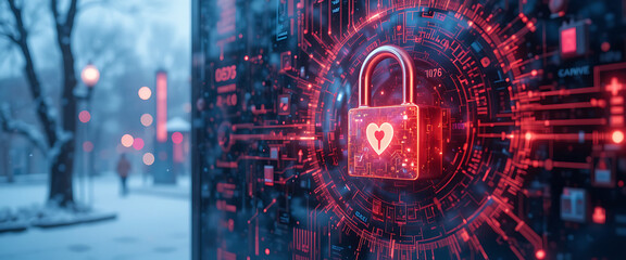 Futuristic digital protection background, crimson neon lock, glowing particles, abstract binary grid