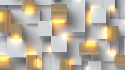 Abstract geometric composition with illuminated wooden and white blocks