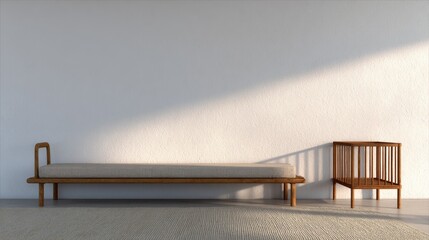 Minimalist bedroom design daybed and nightstand against a white wall