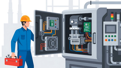 Industrial electrical panel with technician inspecting components, representing automation and maintenance