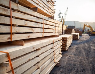 Stacks of cut timber planks at a sunny lumber yard with construction equipment, ideal for building material suppliers, sustainable forestry and construction industry showcases