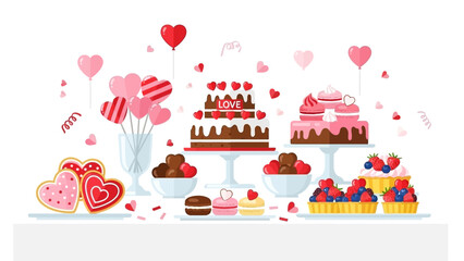 Valentine's Day dessert table with cakes, balloons, and heart decorations