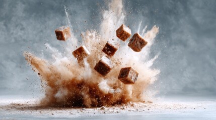An artistic explosion of chocolate cubes creating a dramatic dust cloud, emphasizing the dynamic energy and creativity often seen in modern food photography and art.
