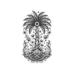 Tropical palm tree illustration with blooming flowers and swirling vines in vintage woodcut engraving style.